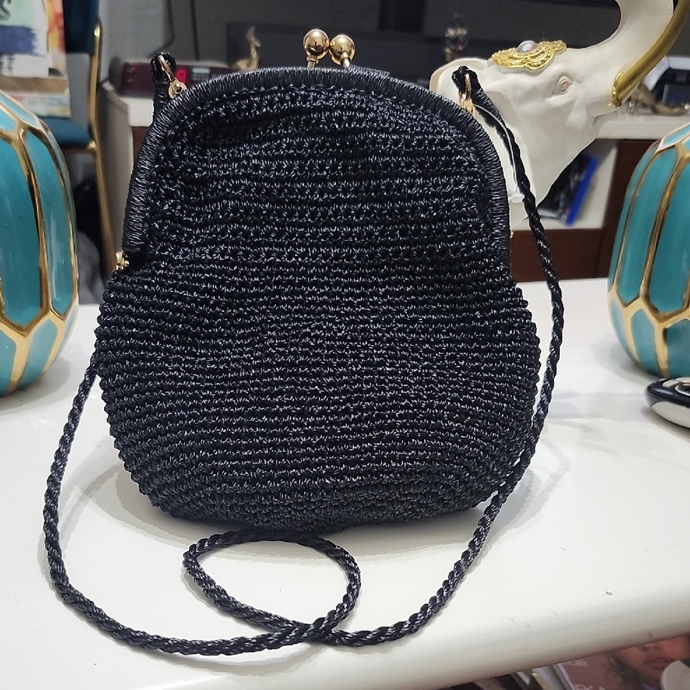 Vintage Marshall Fields Kisslock Bag NWOT Straw Woven Black Goldtone Hardware
